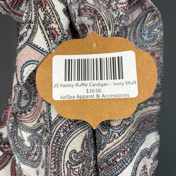 KELSEA Apparel NEW Paisley Ruffle Short Sleeve Cardigan Womens M Ivory Pink - Picture 5 of 6